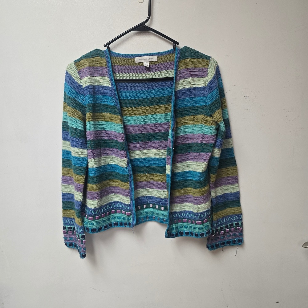 Northern Isles Womens L Crochet Cardigan Multi Color Striped‎ Boho Y2K Granny